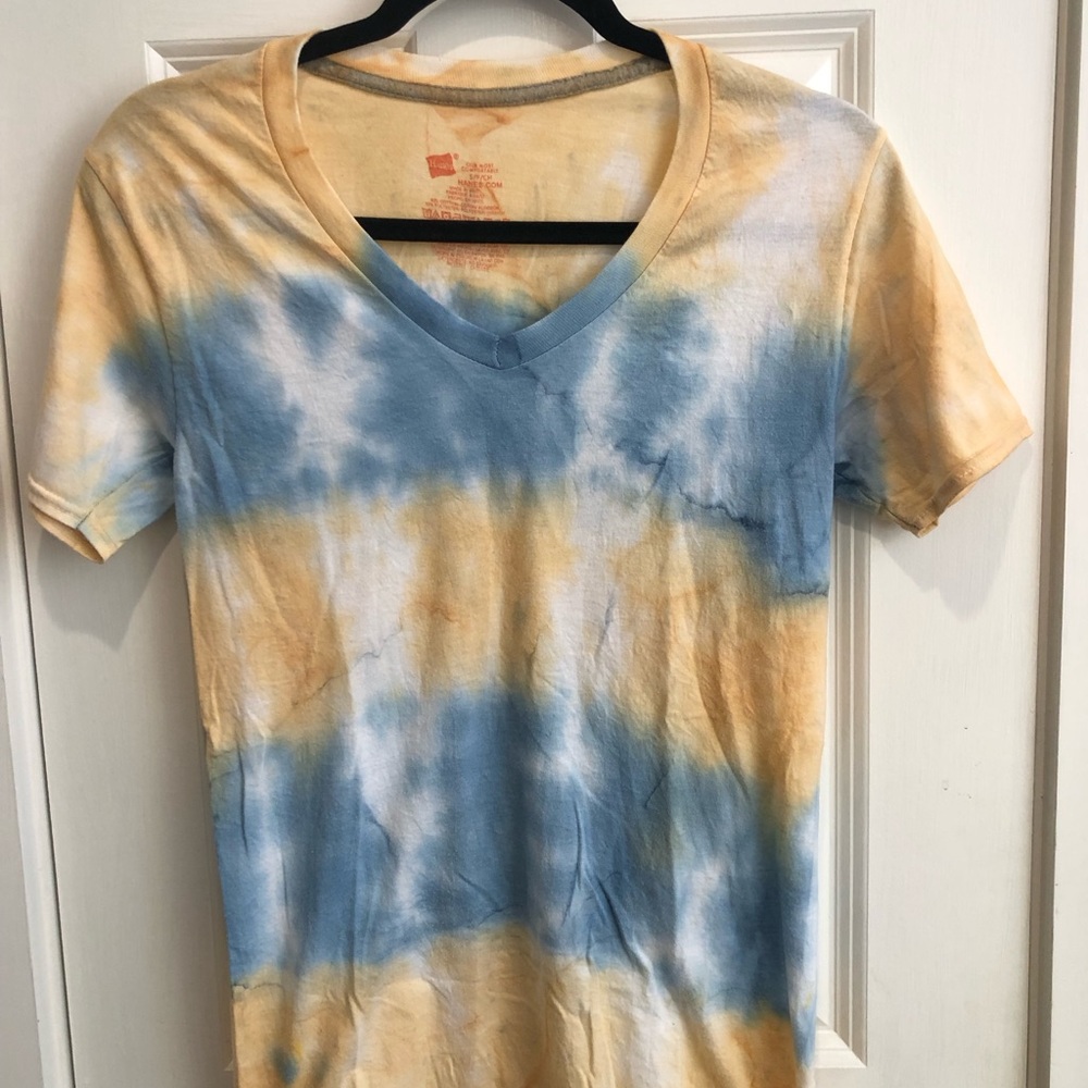 Hanes Yellow and Blue Tie-Dye V-Neck Tee